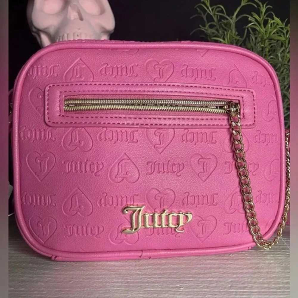 Juicy Couture Pink Embossed Camera Crossbody Bag Gold Chain NWT